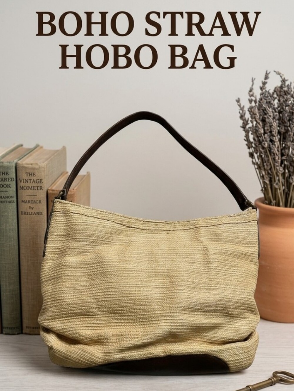 FOSSIL boho straw shoulder bag with brown leather straps vintage summer purse